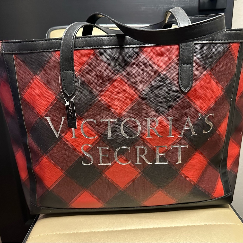 Victoria's Secret Red and Black Checkered Tote Bag